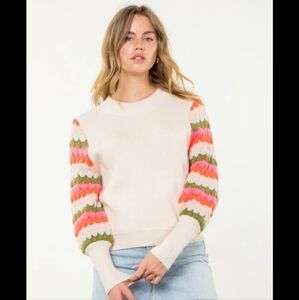 THML Cream Adams Sweater - Colorful Crochet Balloon Sleeves (NWT, Size Large)